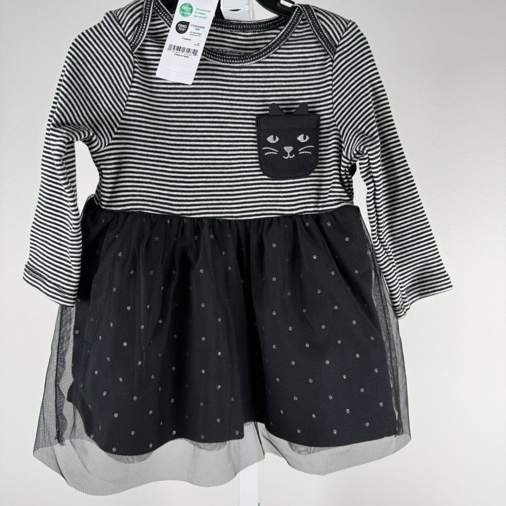 Infant Girls Black‎ Cat Dress/Diaper Cover Set 3-6 Month Pocket Black White NWT